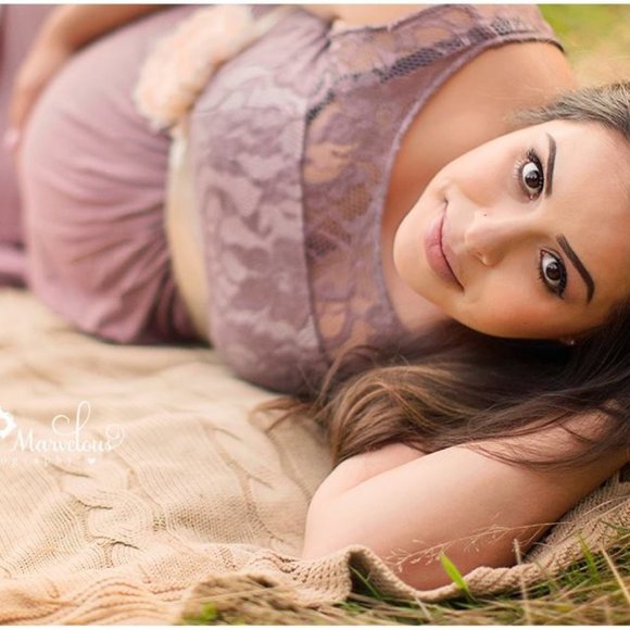 NWT Maternity Maxi Dress Mauve With Lace Trim & Sash. Soft material. - Picture 3 of 8